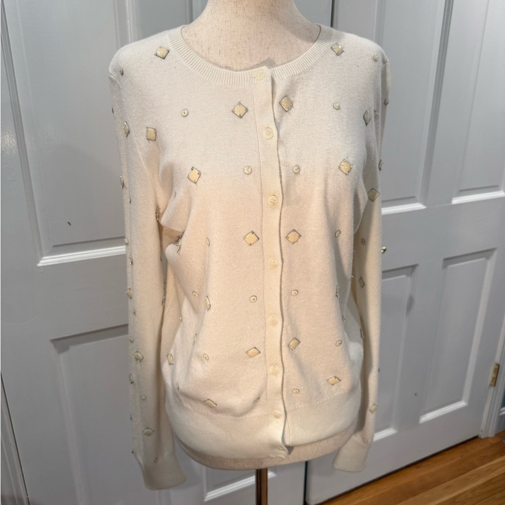 AnnTaylor Embellished Cream Sweater in Med 19” total 38” Armpit to Armpit